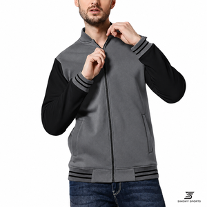 SINEWY SPORTS Men's Varsity <b>Jacket</b> Gray <b>Black</b> Sleeve Zipper Closure Casual Regular Fit <b>Fleece</b> Material Spring Season - Product Image 1