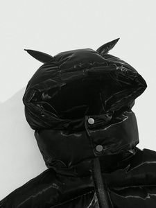 Mens Shiny Puffer Jacket Black <b>Devil</b> <b>Horn</b> Hood Glossy Down Hooded Quilted Winter Streetwear Novelty Oversized Custom OEM - Product Image 5