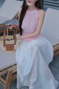 Ensemble décontracté quotidien élégant sans manches col rond haut et jupe longue en mousseline de soie Style féminin avec taille naturelle douce Coshe Elena - Product Image 2