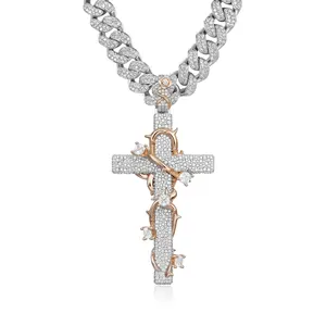 Colgante de Cruz de Plata de Ley Oro Rosa con Cadena de Cuerda y Circonitas Redondas Pavé, Joyería Unisex Cristiana de Moda Hip Hop para Fiesta - Product Image 3