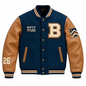 Chaqueta Varsity Azul Marino para Hombre con Mangas de Cuero Marrón, Parches de Letras Bordadas, Mezcla de Lana, Abrigo de Invierno - Product Image 1