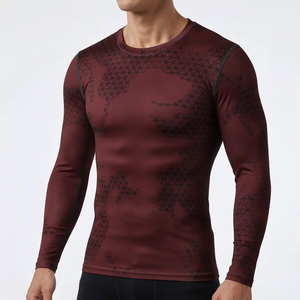 เสื้อคอมเพรสชั่นแขนยาวผู้ชายดีไซน์ใหม่ปี 2026 สีแดงเลือดหมู ลายเรขาคณิต โพลีเอสเตอร์ สำหรับออกกำลังกายทุกฤดู ชุดออกกำลังกาย มวย MMA ยูโด - Product Image 1