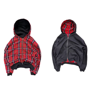 Sweat-shirt à capuche zippé pour homme, patchwork, coupe oversize, décontracté, en polaire, pour l'hiver, 100% coton, motif rouge et noir, coupe classique - Product Image 1