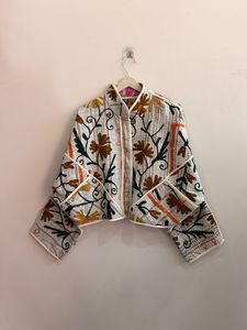 Hand Embroidered Floral Quilted Cotton <b>Jacket</b> <b>Mandarin</b> <b>Collar</b> Three Quarter Sleeves Short Length Boho Style Winter Spring Summer - Product Image 2