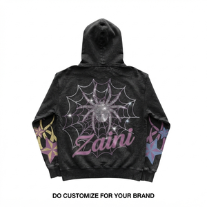 Sweat à capuche noir en coton français Terry Premium 420 GSM, lavage à l'acide, logo personnalisé brodé avec strass DTF - Product Image 2