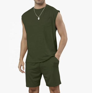 High Street Plus Size Men's 2-Piece Summer Tracksuit <b>Set</b> 100% Cotton Terry Fabric Sleeveless T-Shirt & Tank Top Short <b>Sets</b> - Product Image 4