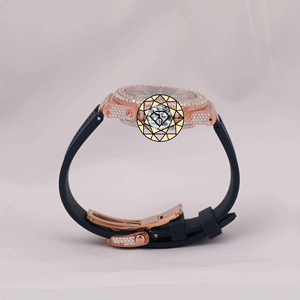 Luxury Diamond Encrusted Analog Quartz Watch <b>Rose</b> Gold Polygon Case <b>Black</b> Silicone Band Roman Numeral Dial Sapphire Crystal - Product Image 2