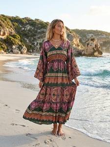 <b>Boho</b> Vintage Eco-Friendly Silk Maxi <b>Dress</b> V-Neck Long Sleeve Elastic Waist Floral Print Loose Fit <b>Summer</b> Beach Wear Nonwoven - Product Image 1