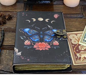 Blank Spell Book Shadows Journal <b>Lock</b> Clasp Vintage Handmade Leather Hardcover Water Color Luna Moths Morpho Butterfly Print - Product Image 3