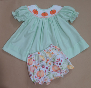 Pumpkin hand Smocked Top & Bloomer Shorts Set, <b>Mint</b> Green Fall 2-Piece Toddler Girl Outfit - Product Image 1