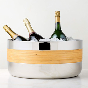 Premium Stainless Steel Wine <b>Ice</b> Bucket With Natural Wood Grain Accent Band Round Double Wall Party Beverage Tub For Serving - Product Image 6