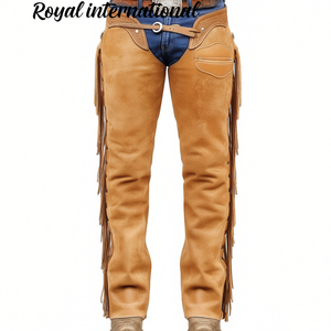 Guêtres de protection équestres en cuir suédé véritable de qualité supérieure, style western, avec franges, pour l'équitation, le rodéo et le ranch - Product Image 1