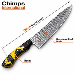 Cuchillo de Chef Santoku de Acero de Damasco Hecho a Mano, Estilo Japonés, Ambidiestro, con Mango de Resina Multicolor |   Longitud de la hoja: 8 pulgadas - Product Image 2