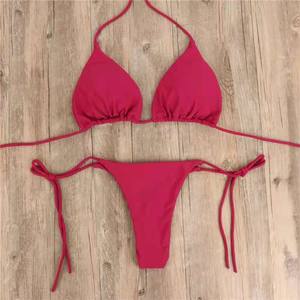 Conjunto de Bikini de Terciopelo Sólido para Mujer, Traje de Baño de Dos Piezas, Escote Pronunciado, Sujetador Triangular, Braguita con Lazos Laterales, Tejido Elástico Suave, Ajuste Ajustable - Product Image 5