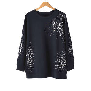 Sweat-shirt pour femmes grandes tailles Bleu marine Léopard Paillettes ornées Sweat-shirt manches longues col rond - Product Image 1