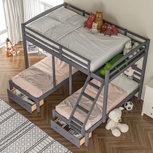Gray Full Over Twin and Twin <b>Bunk</b> Bed with Drawers Kids' <b>Triple</b> <b>Bunk</b> Bed - Product Image 2