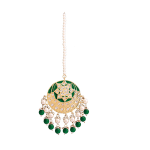 Chaîne florale Kundan indienne pour femme, Maang Tikka plaqué or avec pierres d'émeraude, vente en gros, style bohème - Product Image 1