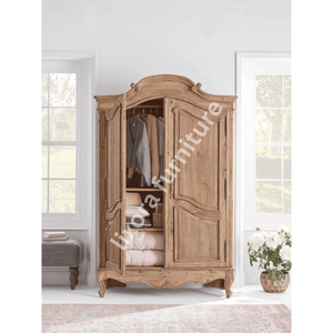 Luxury Handcrafted Solid Wood 2 Door <b>Wardrobe</b> French Provincial Carving Natural Finish Armoire - Product Image 5