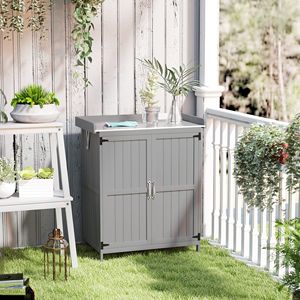 Banco da Giardinaggio in Legno Grigio con 2 Ante, Armadio per Esterni e Ripostiglio per Attrezzi da Giardino con Piano in Metallo e Mensola - Product Image 2