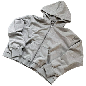 Sudadera con Capucha Gris para Hombre, con Cierre de Cremallera, Estampado de Puntos de Diamantes de Imitación, Manga Regular, Felpa Francesa de Algodón, para Otoño - Product Image 4