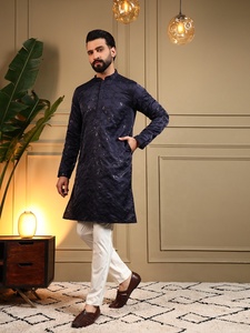 <b>Men</b> Navy Blue Silk <b>Kurta</b> Pajama Set Regular Fit Traditional Indian Pakistani Knee-Length Wrinkle Free Wedding Wear - Product Image 2