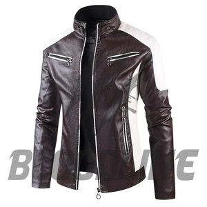 Men's Black White PU Leather Moto Biker <b>Jacket</b> <b>Slim</b> <b>Fit</b> Stand Collar Zipper Closure Autumn Wear - Product Image 2