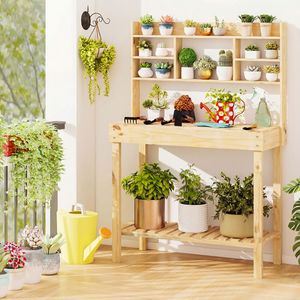 Table de travail en bois pour jardinage avec étagère ouverte à 3 niveaux - Product Image 3
