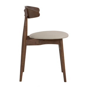 Chaise de salle à manger finition cacao, structure en chêne malaisien, dossier en bois courbé sculpté, assise rembourrée en cuir PU crème, pour maison, bureau, appartement - Product Image 3