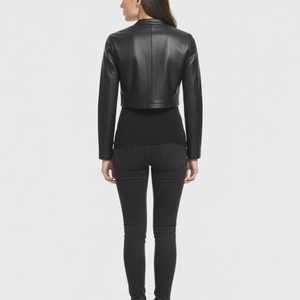 เสื้อแจ็คเก็ตหนังสีดำแบบครอปทำมือสำหรับผู้หญิง - เสื้อแจ็คเก็ตหนังสีดำแบบครอปสำหรับผู้หญิง - Product Image 5