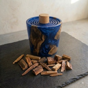 Blue Resin Sandalwood Incense Burner Aromatherapy <b>Diffuser</b> with Wooden Lid for Home Decor <b>Scented</b> - Product Image 1