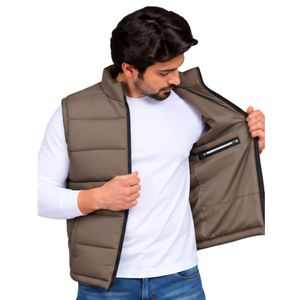 Chaleco acolchado para hombre color marrón taupe, sin mangas, con cierre completo, cuello alto, cálido, informal, para exteriores, con bolsillo. - Product Image 2