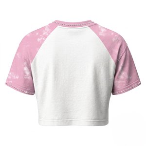 Women Slim Fit Crop <b>Top</b> T-Shirt 100% Cotton Single Jersey 180 GSM Print White Pink <b>Raglan</b> Panels - Product Image 2