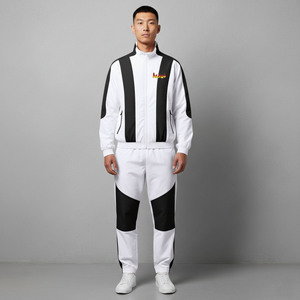 Men's White Black Color Blocking <b>Tracksuit</b> Full Zipper Stand Collar Sporty Style With Side Pockets Breathable <b>Polyester</b> Material - Product Image 4