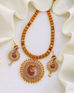 Collier de mariage de luxe pour femme, en laiton plaqué or antique, avec micro-incrustations de diamants, motif géométrique Paon AD, bijou de déclaration - Product Image 1
