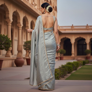 One Minute Ready-to-Wear Silver Space Fendy Silk Saree |Flowy Elegant Drape & <b>Readymade</b> <b>Blouse</b> |Free Size Festive & Wedding Wear - Product Image 2