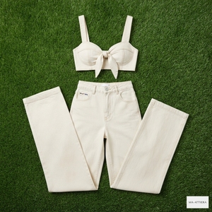 <b>Women</b> Cream Denim Bow <b>Crop</b> Top And Wide Leg <b>Jeans</b> Set Casual Two Piece Matching Outfit Summer Streetwear Fashion - Product Image 6