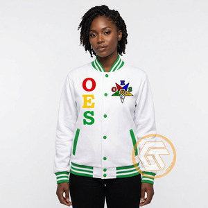 OES Embroidered Varsity <b>Jacket</b> White Green Lettering <b>Star</b> Patch Women's Autumn Wear - Product Image 3