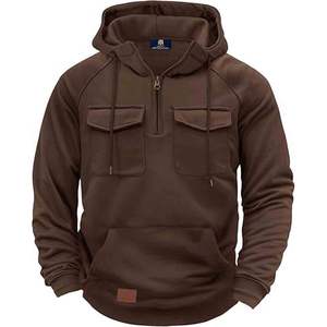 Sweat à capuche cargo brodé 100 % coton pour homme, demi-zip, poids moyen, décontracté, style workwear, tactique, avec poches - Product Image 1