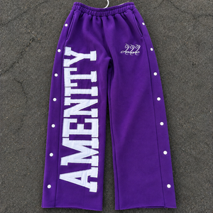Custom Applique Letter <b>Wide</b> <b>Leg</b> Sweatpants <b>Men</b> Red Heavyweight Fleece Jogger Pants Snap Button Side Streetwear <b>Trousers</b> - Product Image 5