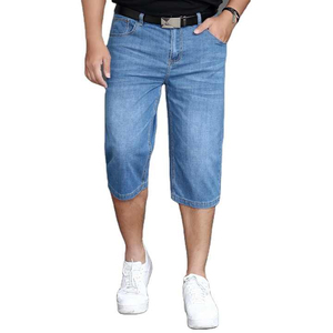 High Quality Blue Denim Shorts for Men Mid Waist Casual Style Washed Printed Pleated Design Fashionable Summer Biker Motor Jeans - Product Image 1