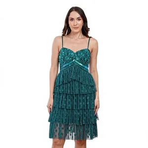 Robe de cocktail de luxe vert turquoise en tulle à volants, lourdement ornée de perles et de paillettes, à fines bretelles, pour femme - Product Image 5