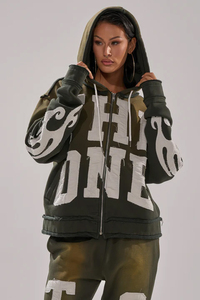 Conjunto de Sudadera con Capucha y Pantalones Deportivos para Mujer, Color Verde Oliva, Manga Larga, Estampado, Estilo Urbano, Corte Holgado, 2 Piezas, para Todas las Temporadas - Product Image 2