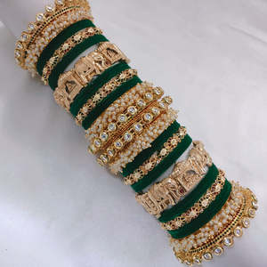 Gold Plated Meenakari Velvet <b>Bangles</b> <b>Set</b> with Pota Stone and Pearl Elegant Pearl Bracelets - Product Image 1