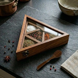 Wooden <b>Spice</b> <b>Box</b> Triangular Shape with Four Containers, Indian Rosewood Crafted - Gift for Her - Product Image 2