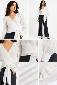 Chemisier élégant en coton tissé décontracté à encolure en V et taille nouée, blanc, à manches longues, pour le bureau et la mode estivale – Vente en gros - Product Image 4