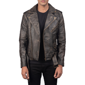 Unisex Vintage Style Genuine Leather Streetwear <b>Jacket</b> Distressed Black Waterproof Breathable Eco-Friendly Windproof Bomber - Product Image 3