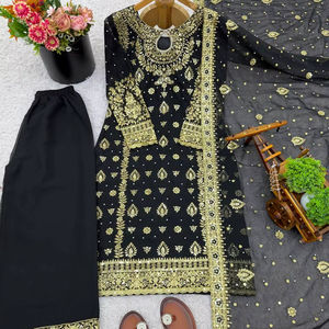 Conjunto de traje de georgette sintético pesado con bordado de lentejuelas de 5 mm – Kurti de manga larga, pantalón a juego y dupatta, ropa étnica - Product Image 1