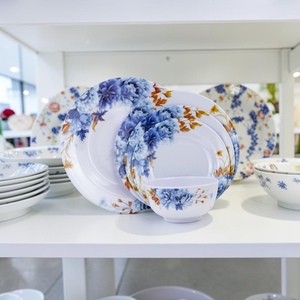 Ensemble de 4 assiettes plates en mélamine, motif floral bleu pigmenté, durables, compatibles lave-vaisselle/micro-ondes, non toxiques, qualité alimentaire - Product Image 1