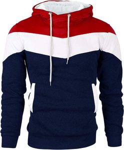 Sweat-shirt à capuche tricolore pour homme - Pull en molleton patchwork rouge, blanc et bleu marine - Sweat-shirt décontracté tendance coupe ajustée - Product Image 1