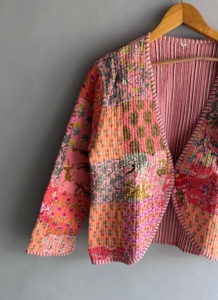 Veste matelassée rose patchwork avec broderie florale, manches trois quarts, manteau de printemps pour femme, cadeau pour elle - Product Image 2